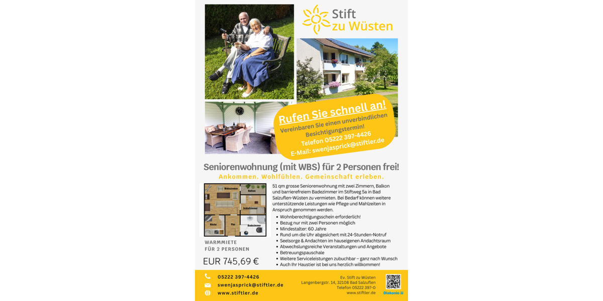 Etagenwohnung Bad Salzuflen Ehrsen-Breden - 2 Zimmer, 51 m&sup2;, 645&euro; | Angebot:24941215