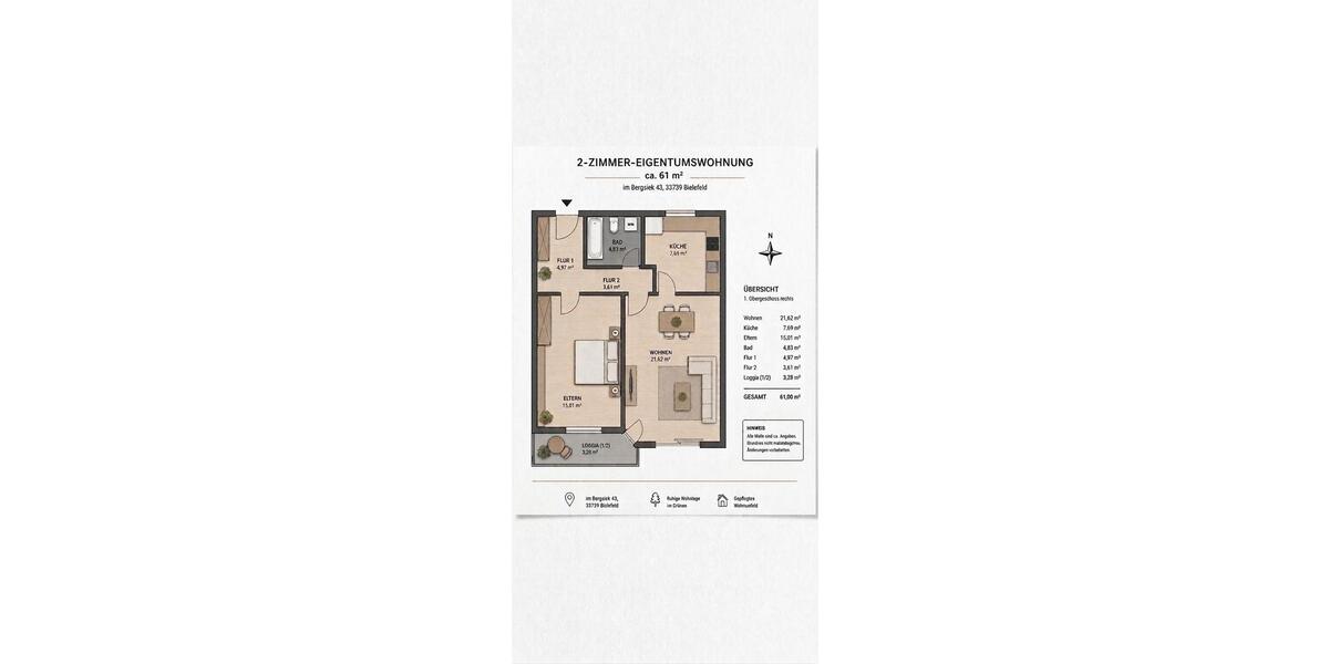 Etagenwohnung Bielefeld Jöllenbeck - 2 Zimmer, 61 m&sup2;, 145.000&euro; | Angebot:27157509