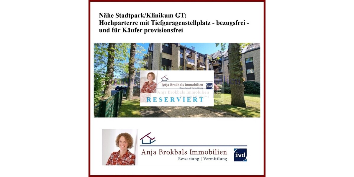 Nähe StadtparkKlinikum GT: Hochparterre mit Tiefgaragenstellplatz - bezugsfrei - für Käufer provisionsfrei - 2- Gütersloh Kattenstroth | Angebot:26992790