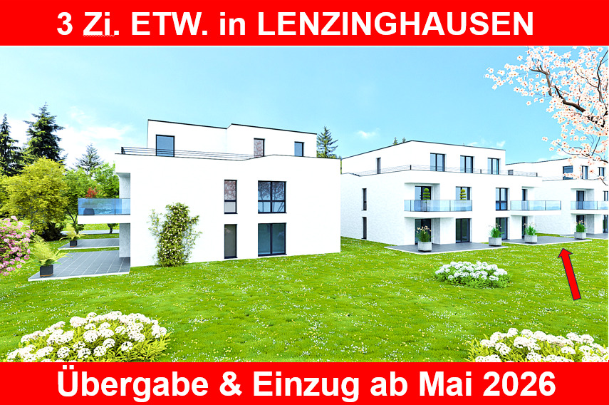 NEUBAU- TERRASSEN- WHG. inkl. KÜCHE, BODENBELÄGE komplett, Kfz- Stellplatz. 3 zimmer