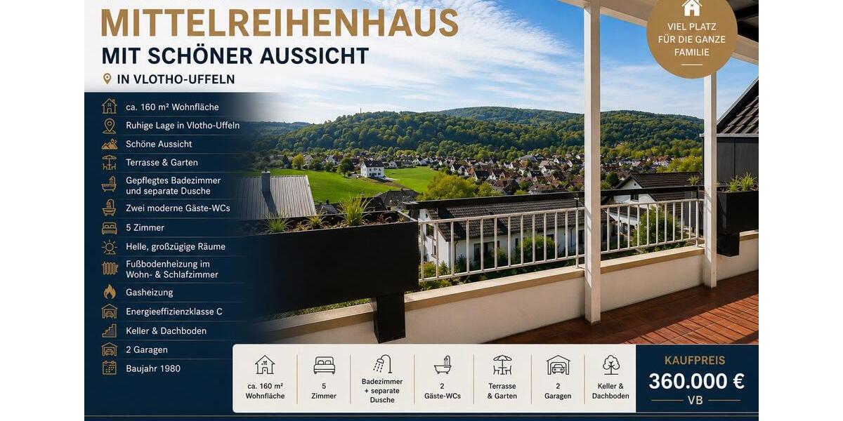 Reihenhaus Vlotho - 5 Zimmer, 160 m&sup2;, 360.000&euro; | Angebot:26478869